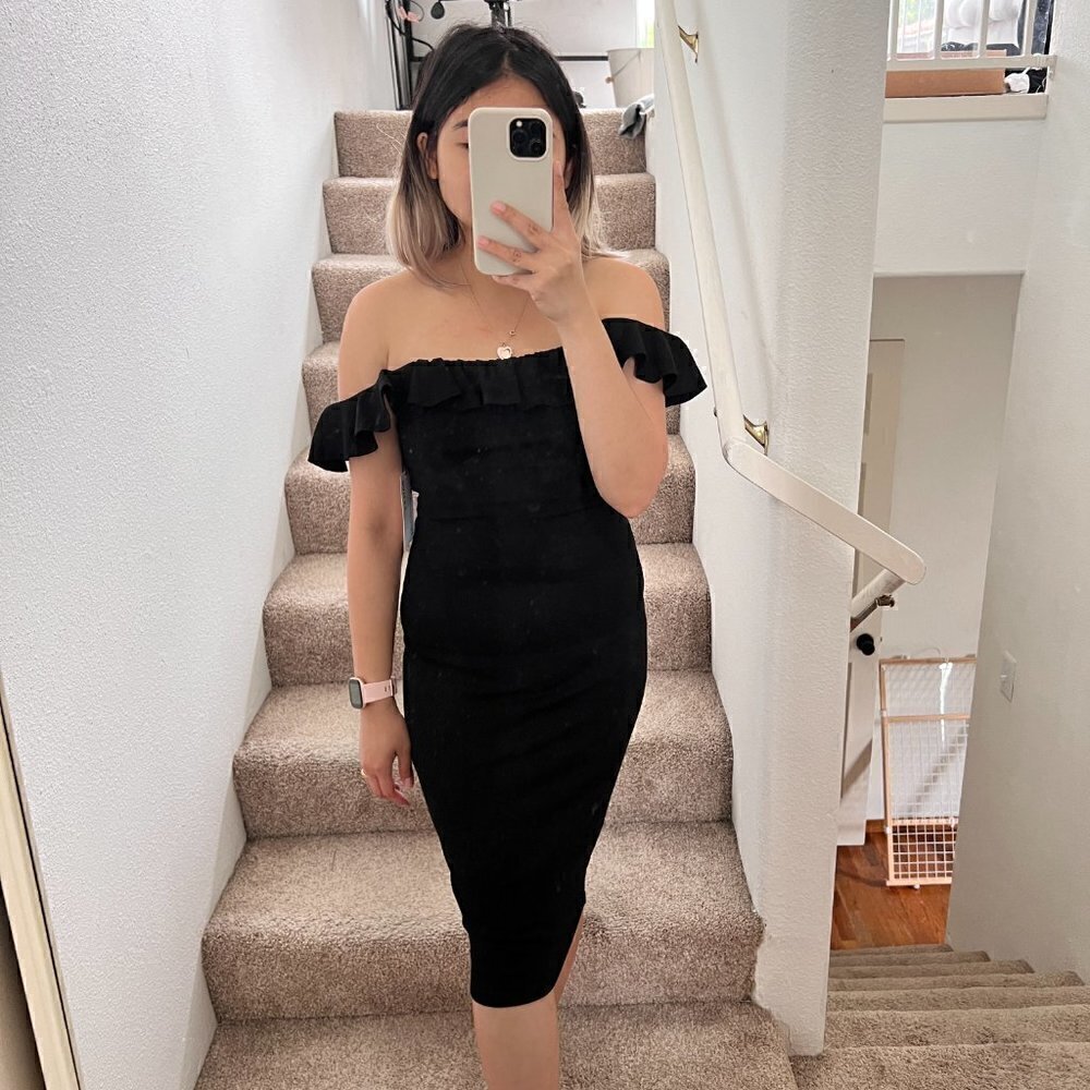 NWT Bailey44 Wild Swan Black Ruffle Off Shoulder Bodycon Dress XS